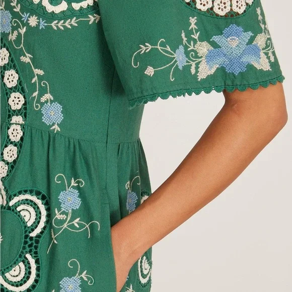 SEA New York Vesna Embroidered Midi Dress Green Floral Cotton Linen Size Small - Picture 9 of 16